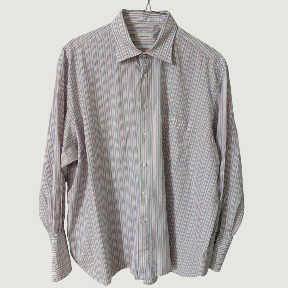 Ermenegildo Zegna Striped French Cuff Button Down Shirt Mens 18.5 47 Blue Red